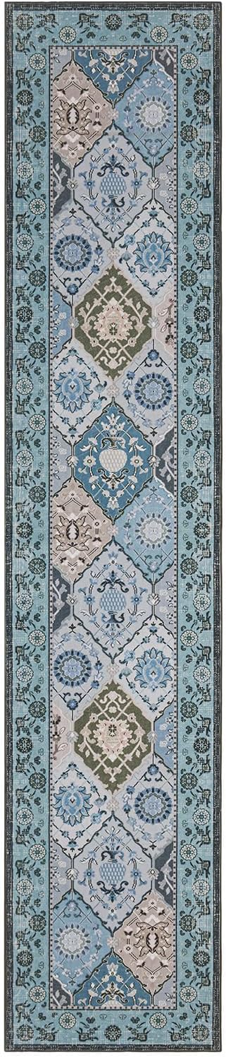 Phantoscope Washable Runner Rug 2'x10' Non-Slip, Vintage Boho Hallway Rugs for Entryway, Stair, Bedroom, Distressed Moroccan Mosaic Diamond Pattern, Low-Pile Foldable Floor Carpet, Blue Teal/Neutral