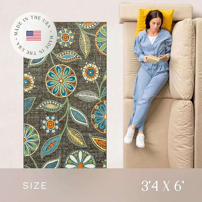 Maples Rugs Reggie Floral Area Rug - Made in USA - Washable, Non Slip, Pet-Friendly Mats for Living Room, Bedroom, and Office, 3'4" x 6', Dark Grey