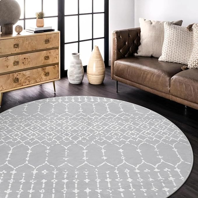 Lahome Moroccan Washable Round Rug 4Ft Round Area Rugs for Bedroom Non-Slip Grey Stain Resistant Round Kitchen Rug, Modern Geometric Print Indoor Floor Circle Carpet for Entryway Living Room Sofa