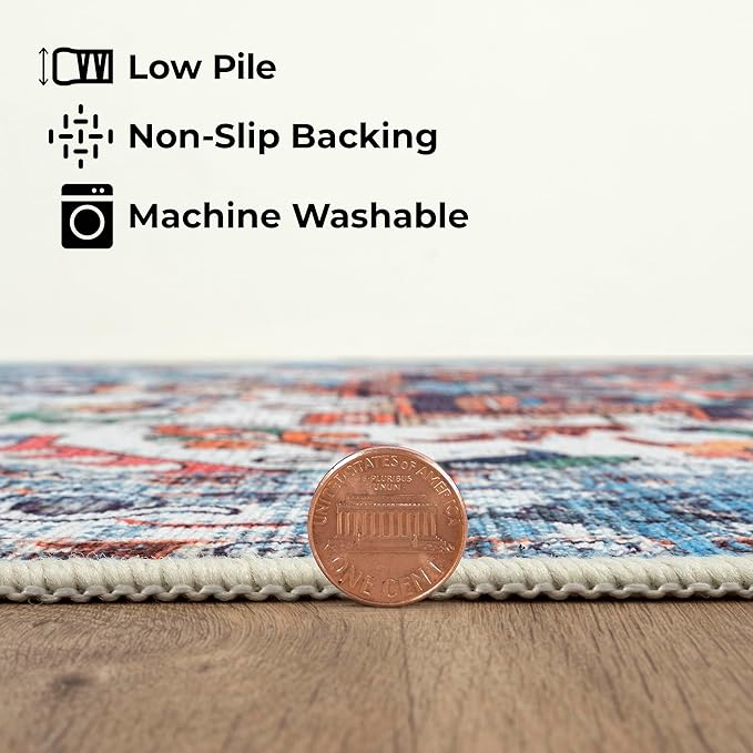 GLN Rugs Traditional Collection - Machine Washable Area Rug, Traditional Washable, Non Slip, Low Pile Chenille Rug, Living Room, Bedroom, Kitchen Rug (2'6" x 7' Blue/Multicolor)