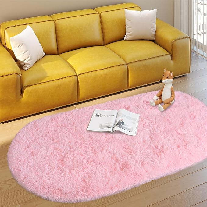 Soft Fluffy Area Rug for Bedroom, Pink Fuzzy Shaggy Oval Throw Rugs for Bedside, Non-Slip Cozy Plush Shag Carpet for Girls Kids Room Dorm Nursery Living Room, 2.6 x 5.3 Feet