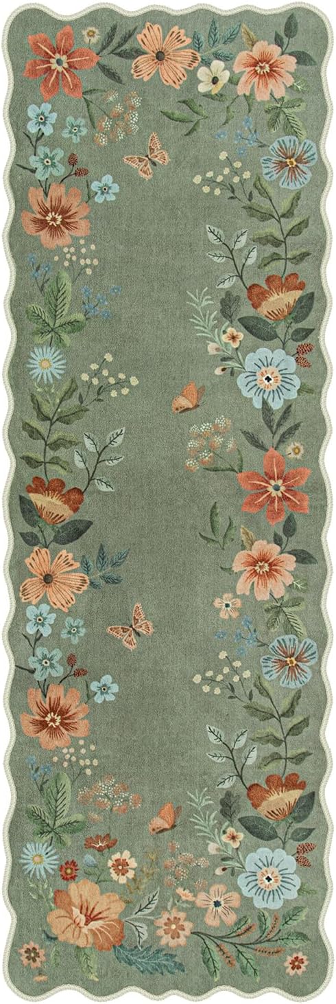 Lahome Floral Runners for Hallways, 2X6 Kitchen Runner Rug Ultra-Thin Soft, Non-Slip Hallway Rug Stain Resistant Boho Low-Pile Carpet for ‎Laundry Bathroom Bedroom(2x6ft,Green)