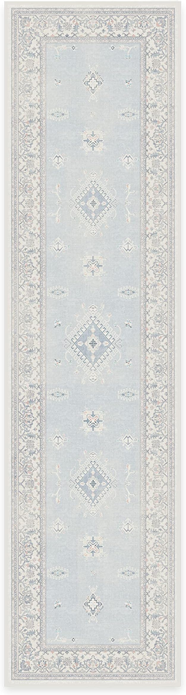 RUGGABLE Washable Vintage Runner Rug – Verena Soft Blue 2.5x10, Stain-Resistant, Non-Slip Hallway Runner – Machine Washable Rug for Hallway, Entryway, Living Room & Kitchen–with Standard Pad