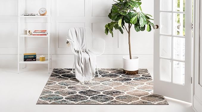 Rugs.com Lattice Frieze Collection Rug – 8' Square Blue Multi Medium Rug Perfect for Living Rooms, Kitchens, Entryways