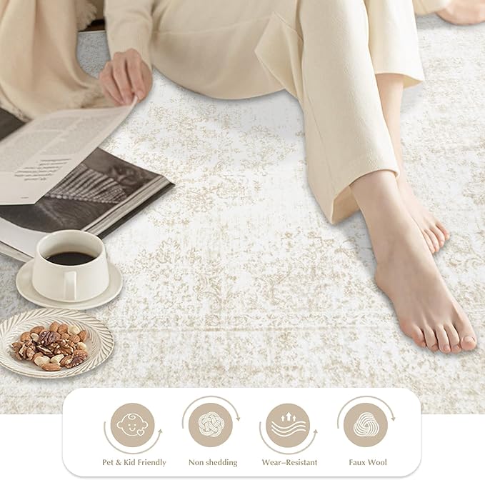 Vintage Living Room Area Rug - 5x7 Large Machine Washable Boho Moroccan Rug Distressed Farmhouse Rugs for Bedroom - Soft Non-Slip Indoor Carpet for Dining Room Office Nursery(Ivory, 5'x7')