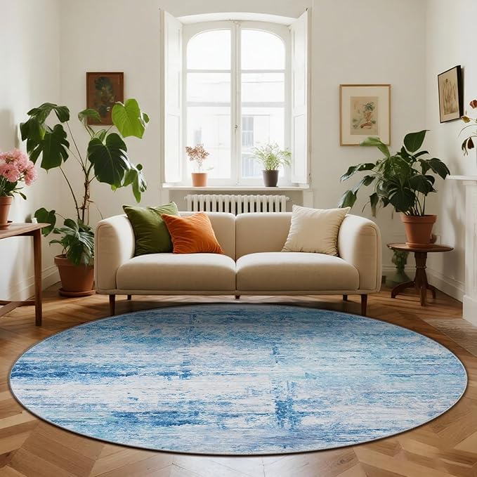 Round 6ft Area Rug Modern Abstract Washable Carpet for Living Room Bedroom Dining Room Home Office - Abstract Teal Grey