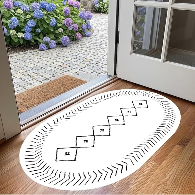 Simple Black and White Geometric Texture Bordered Area Rug 12x14 for Living Room Bedroom Dining Room Soft Washable Anti Slip Floor Mats Doormat Modern Minimalist Large Carpet Cozy Indoor Oval Rugs