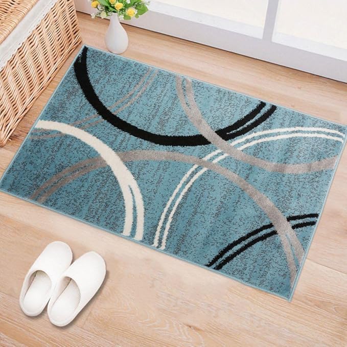 Rugshop Modern Wavy Circles Design Accent Rug, Carpet with Jute Backing for Entryway, Bathroom, or Kitchen, Blue, 2' x 3'