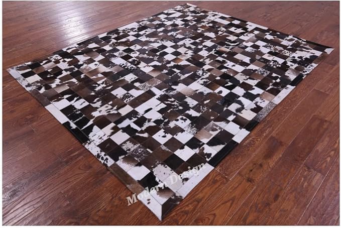 Modern Design Premium Cowhide Leather Carpet with Chevron Pattern, Area Rug (Brown/White-1, 3x12)