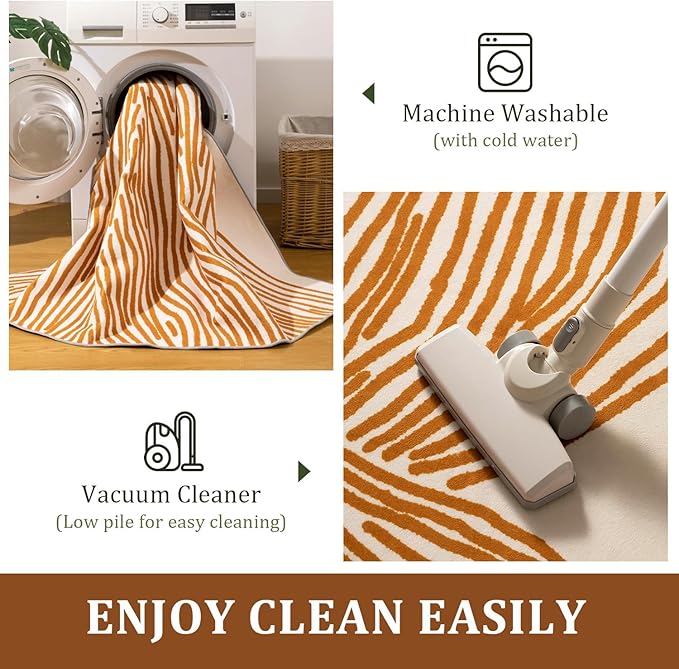 YIHOUSE Orange Rug for Living Room, 8×10 Modern Abstract Area Rug, Geometric Contemporary Wave Striped Rugs for Playroom Nursery, Washable Nonslip Large Rug for Bedroom Dining Room