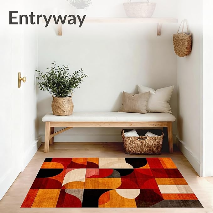 Flatwoven High Traffic Area Rug 4x6, Ember Abstract Geometric Shape Throw Indoor Floor, Non Slip, Stain Resistant, Washable Area Rugs for Living Room, Bedroom (Orange, 4x6)