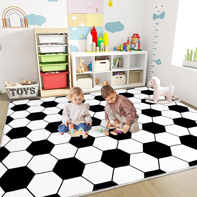 Soft Soccer Rug, Gifts for Boys Girls, Cute Bedside Shag Area Rug for Kids Toddlers Teens, Non Slip Room Decor Indoor Carpet for Bedroom Living Room, Nursery, Machine Washable 6x9 FT