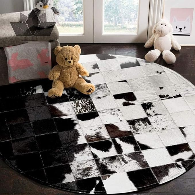 Cowhide Round Leather Rug 7x7 ft – Genuine Hair-On Hide Patchwork Area Rug for Living Room, Bedroom, Kids Playroom, Lounge & Western Home Decor