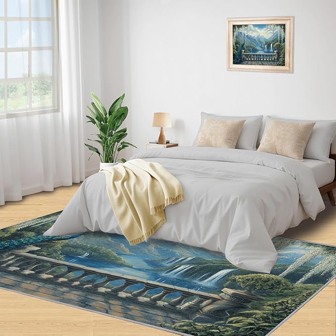 Peacock Rug Large - 8x10 Rug, Peacock Decor Washable Rugs for Living Room, Nature Waterfall Carpet, Natural Landscapes Non-Slip Area Rugs for Bedroom, Aesthetics Carpet - Peafowl Home Decor & Gifts