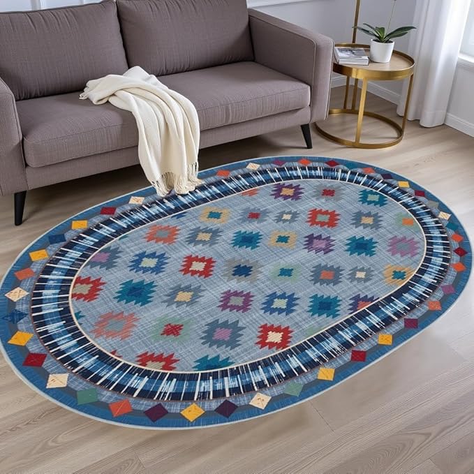 Funky Vintage Blue Red Orange Geometric Texture Indoor Area Rug for Living Room Bedroo Dining Room Faux Wool Soft Low Pile Oval Rugs 7x10 Entrance Nursery Farmhouse Rustic Country Home Office Carpet