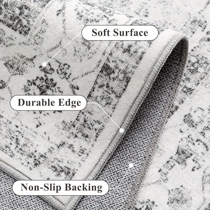 Grey 2x8 Runner Rug Vintage Area Carpet Hallway Indoor Kitchen Washable Low Pile Traditional Distressed Retro Accent Throw Rug Non Slip for Laundry Bathroom Office