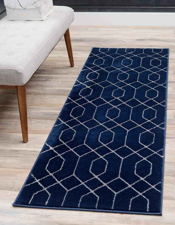 Unique Loom Marilyn Monroe Glam Collection Area Rug - Trellis (2' x 6' Runner, Navy Blue Silver/ Silver)