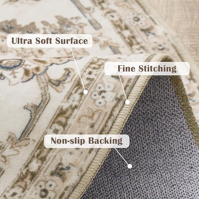 jinchan Fiora Round Rug 8ft Area Rug - Taupe Vintage Floor Mat Indoor Ultra-Thin Soft Floral Print - Washable Circle 8' Retro Accent for Farmhouse Non Slip Dining Room Living Room Bedroom Office