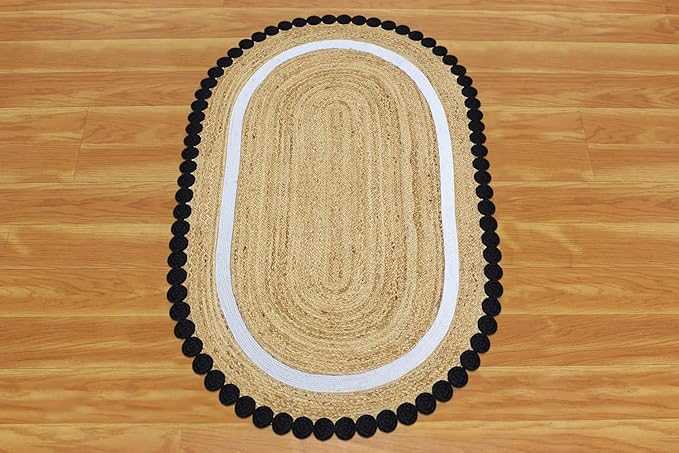 Oval Jute Runner 4x15 Flatweave Kilim Runner Hand Braided Jute Thick 0.27" Solid Pattern Black Beige Natural Oval Handmade Boho Indoor Outdoor Rugs for Hallway Enterway Corridor