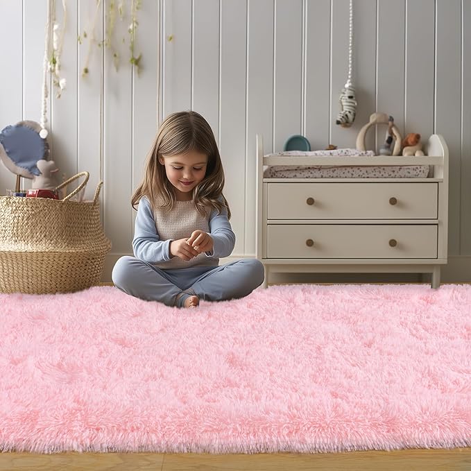 Soft Fluffy Area Rug for Bedroom, Pink Fuzzy Shaggy Oval Throw Rugs for Bedside, Non-Slip Cozy Plush Shag Carpet for Girls Kids Room Dorm Nursery Living Room, 2.6 x 5.3 Feet