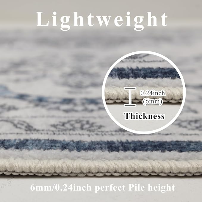 Washable Rugs 5x7 Area Rugs for Living Room, Thin Carpet for Bedroom, Soft Faux Wool Retro Dining Room Rug，Non Slip&Non-Shedding Resistant Low Pile Vintage Print Rug for Home Office (Grey/Blue)
