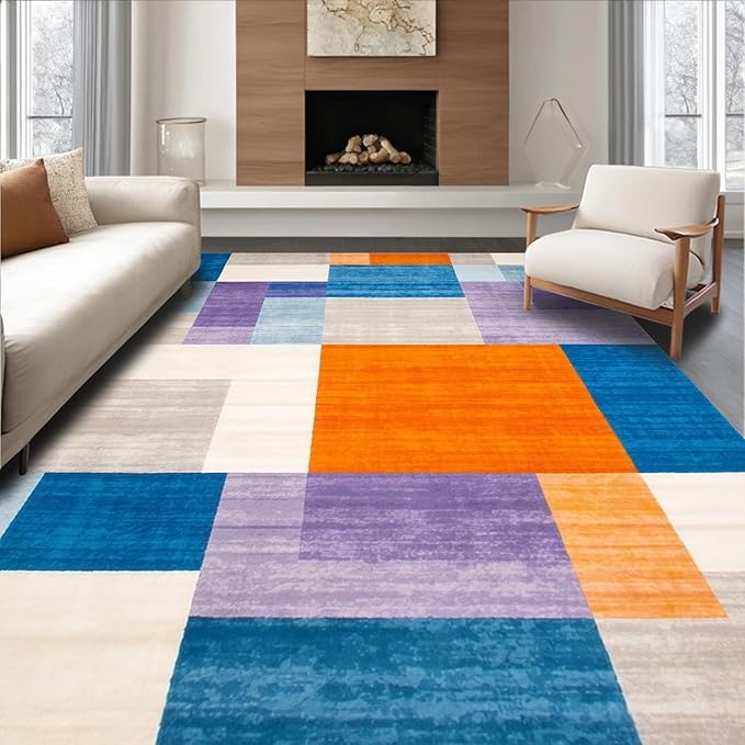 Flatwoven High Traffic Area Rug 6x9, Modern Abstract Color Block Area with Artistic Flair, Non Slip, Stain Resistant, Washable Area Rugs for Living Room, Bedroom (Blue, 6x9)