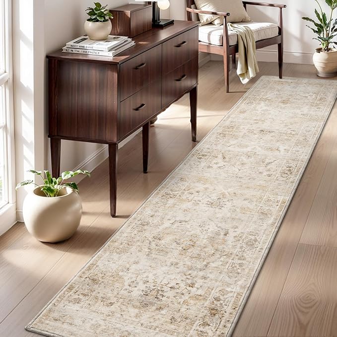 AMOAMI-2X6 Runner Rug-Washable Runners for Hallways-Soft Non Slip Bedside Rugs for Bedroom-Vintage Long Rug for Hallways Entryway Laundry Room Stair Kitchen Bathroom Beige