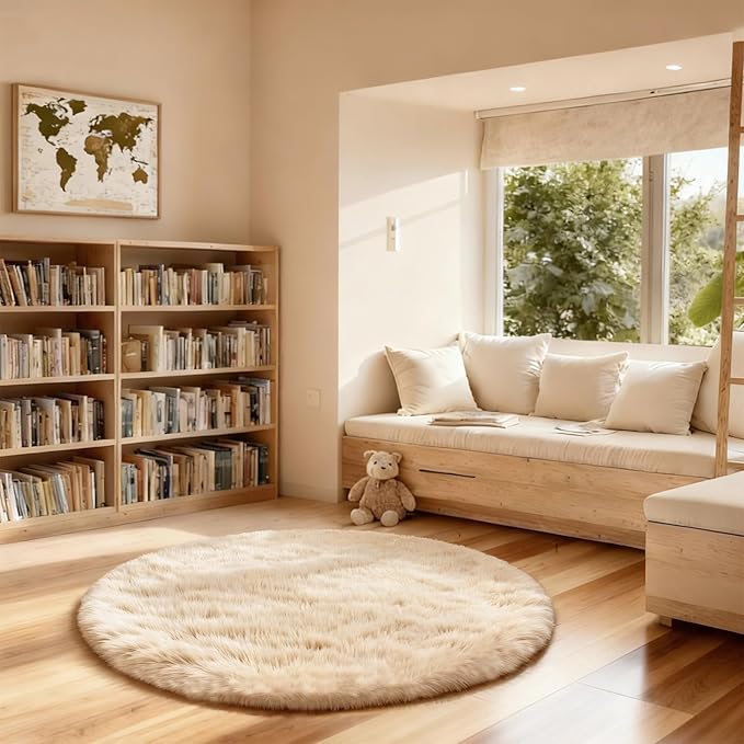 4x4 Round Solid Fluffy Camel Area Rug – Washable, Durable, Circle Bedroom Rug, Non-Slip High Pile Shag Rugs for Living Room, Bedside, Dorms, Nursery Rooms, Kids Room, Soft Indoor Floor Carpet
