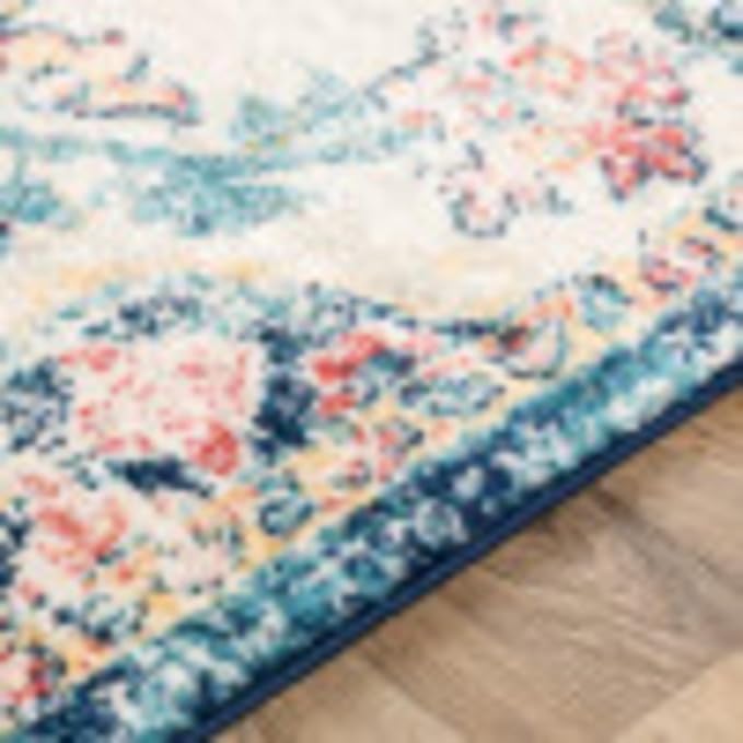 Livabliss Area Rugs - 7ft Round Odelia Vintage Boho Aqua Burgandy Blue Round Area Rug for Living Room Bedroom - Floral Medallion Stain Resistant Carpet for Kitchen, Nursery, Office (6'7" Round)