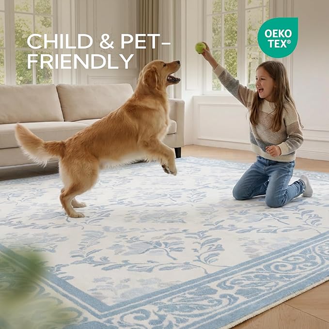 SOULFUL Medium Pile 8x10 Rugs for Living Room - Soft Underfoot Large Area Rug - Mist Blue Boho Floral - Washable Non-Slip - Perfect for Bedroom Kids Room Under Dining Table Office