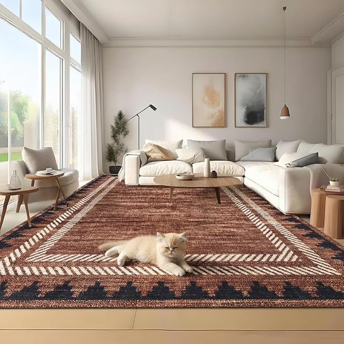 Living Room 8x10 Washable Soft Area Rug for Dining Room Living Room Foldable Non Slip Soft Indoor Carpet Modern Geometric Bordered Stain Resistant Bedroom Laundry Rugs with Rubber Back, Brick Red