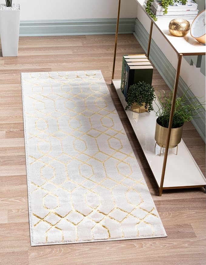 Unique Loom Glam Collection Area Rug - Trellis (2' 7" x 12' Runner, White Gold/ Gold)