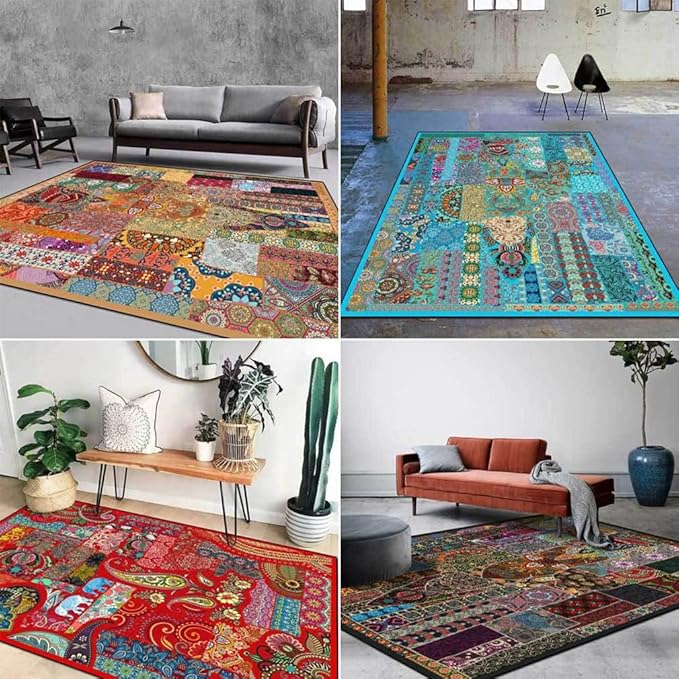 Vintage Boho Area Rugs Multicolor Ethnic Style Geometric Splicing Carpets Bedroom Living Room Kitchen Floor Mats Indoor Outdoor Non-Shedding Runner Rug Home Décor Carpet 4' X 5.2'