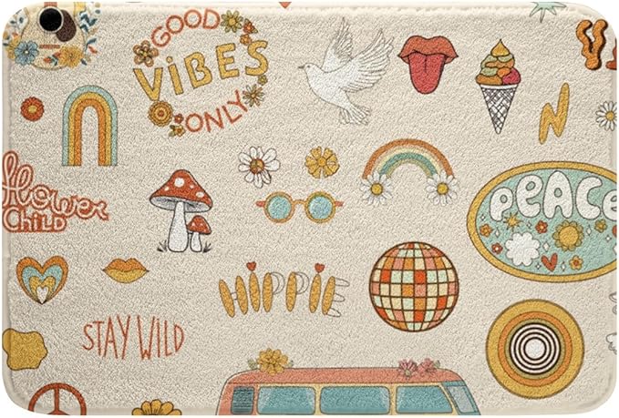 Kids 70s Party Decorations Bath Rugs Cute Bus Car Bathroom Mats for Boys Girls Pastel Rainbow Bath Carpets 20x32 Hippie Mushroom Floor Mats 60s Retro Disco Bathroom Rugs Groovy Room Decor