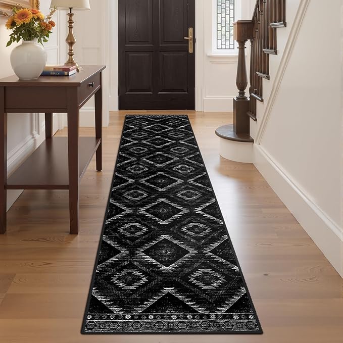 Area Rug 2x5 Rug Machine Washable Non-Slip Low Pile Print Pattern Western Rug for Living Room Bedroom Entryway Tribal Series-Black