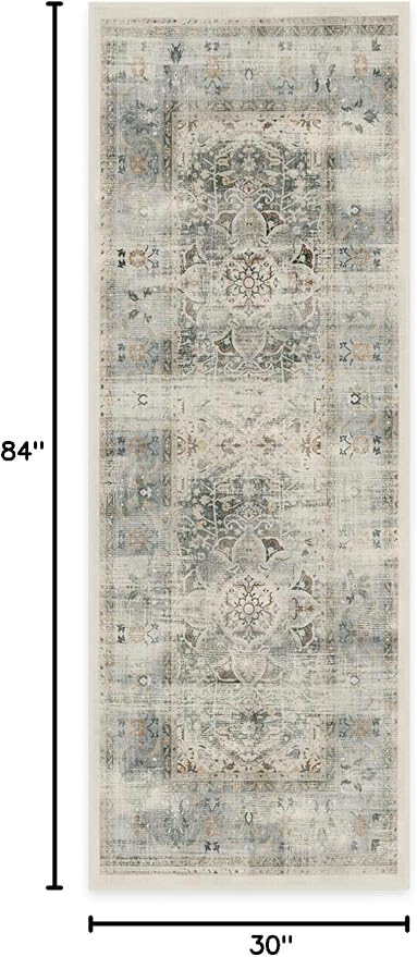 RUGGABLE Washable Vintage Runner Rug – Sarrah Sage 2.5x7, Stain-Resistant, Non-Slip Hallway Runner – Machine Washable Rug for Hallway, Entryway, Living Room & Kitchen – with Cushioned Pad