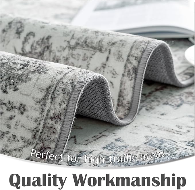 jinchan Kalen Area Rug 6x9 Washable Living Room Rug Soft Vintage Indoor Thin Retro Distressed Floor Cover Grey Floral Country Boho Rug Non Slip Carpet for Bedroom Office Dining Room