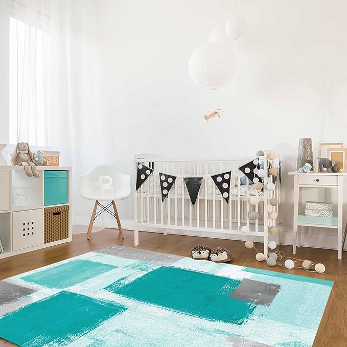 Teal Green Rectangular Area Rugs for Living Room Bedroom 3 x 5 ft Abstract Paint Texture Modern Art Non-Shedding Soft Low Pile Rug Non Slip Washable Rug for Nursery Entryway Playroom