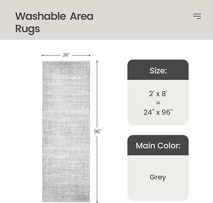 Valenrug Washable Rugs 2x8 - Stain Resistant 2x8 Area Rugs for Living Room, Non Slip Backing Large Area Rugs for Bedroom, Folable Machine Washable Area Rug (2'x8', Grey)