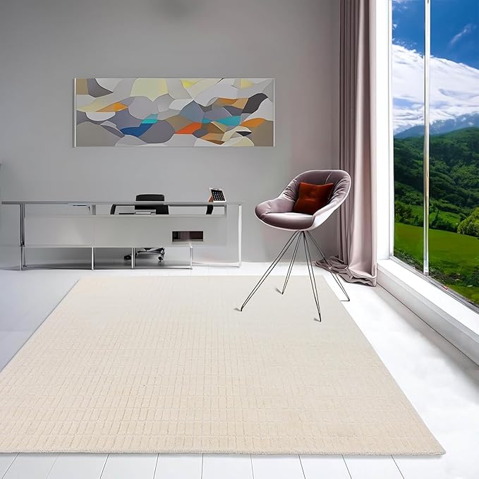 Hand-Tufted 100% Wool Area Rug – Unique Modern Geometric Grid Pattern, Soft Plush Textured Carpet for Living Room, Bedroom, Dining Room & Entryway (Beige, 5' x 8')