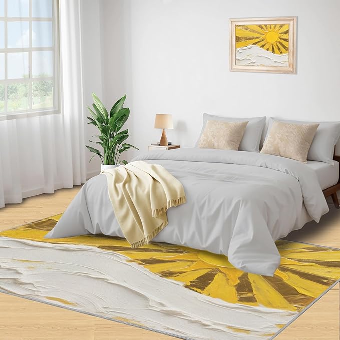 Boho Sun Runner Rugs 3x6ft, Abstraction Deco Bedside Rug, Minimalist Sunburst Laundry Rug with Non Slip Backing for Bedroom Kitchen Sink Front Door Entryway Indoor
