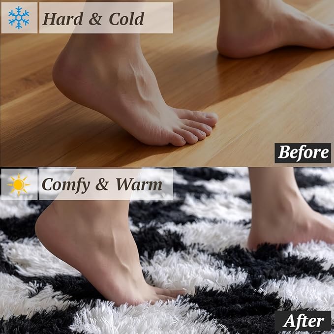 6x9 Area Rugs for Living Room Bedroom, Soft Fluffy Shaggy Bedside Rug, Indoor Floor Carpet for Kids Playroom, Dorms, Nursery Rooms, Home Decor (Black & White 6'x9')