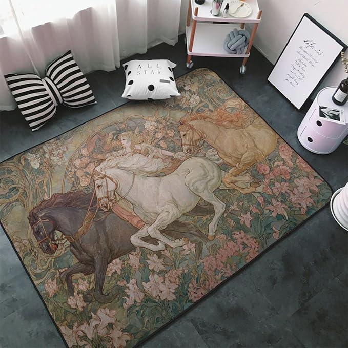 Horse Western Boho Ethnic Style Area Rug Washable Outdoor Rugs Anti-Slip Soft Carpet Entryway Indoor Door Mat for Bedroom,Living Room,Porch,Terrace and Entrance Decor 6'x 4'