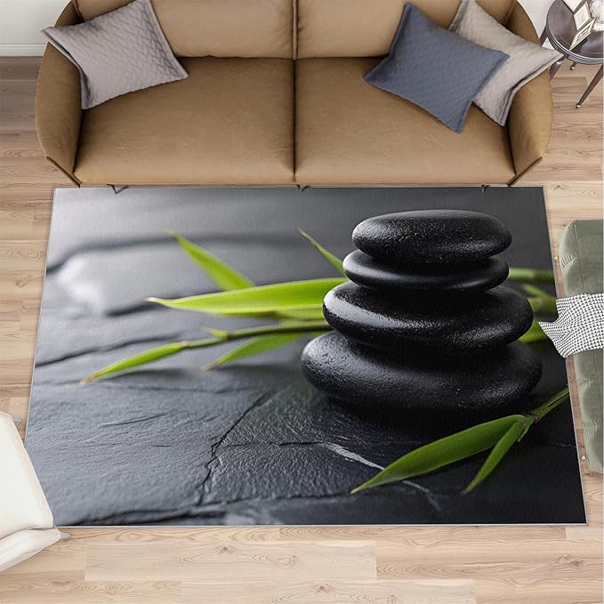 Zen Buddhism Rugs for Bedroom - 5x6 Area Rug - Black Zen Dianthus Leaf Rugs for Living Room, Meditation Yoga Rug, Washable Home Decor Carpet