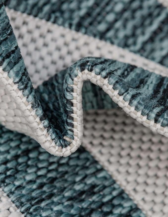 Unique Loom Outdoor Striped Collection Area Rug - Striped (4' 1" Round, Teal/Ivory)