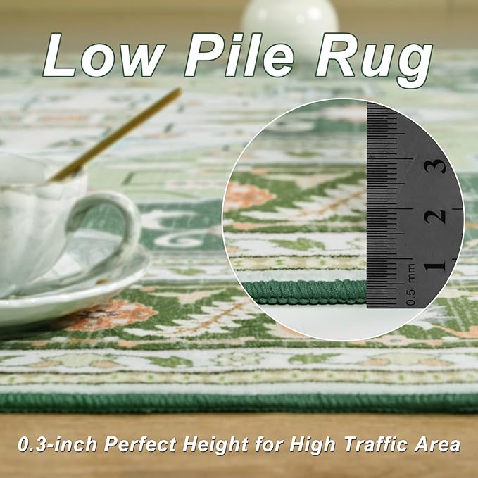 4x6 Green White Area Rug for Living Room, Machine Washable Rugs with Non-Slip Backing for Bedroom, Vintage Medallion Carpet Kitchen Laundry Kids Room Decor