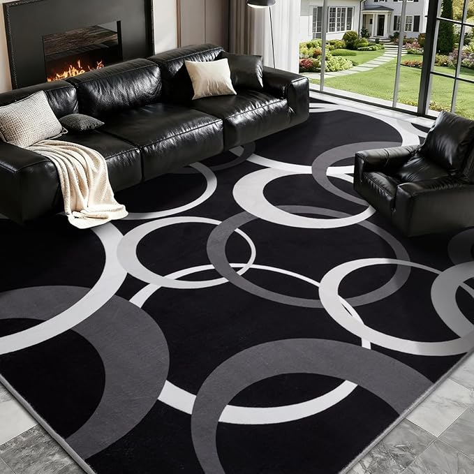YIHOUSE 8x10 Ft Area Rugs, Concentric Circle Carpet Washable Rug, Black and White Geometric Design Rug for Grand Rooms, Master Bedrooms, Dining Room, Nursery, Home Office Decor, Nonslip Non-Shedding