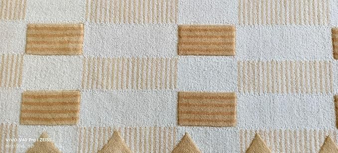 Handmade Scalloped Wool Area Rug - Modern Geometric Pattern, Green-Beige Stripes, Checkered Chevron Design - Soft, Durable Thick Carpet for Living Room, Bedroom (Neutral Beige, 5' x 8')