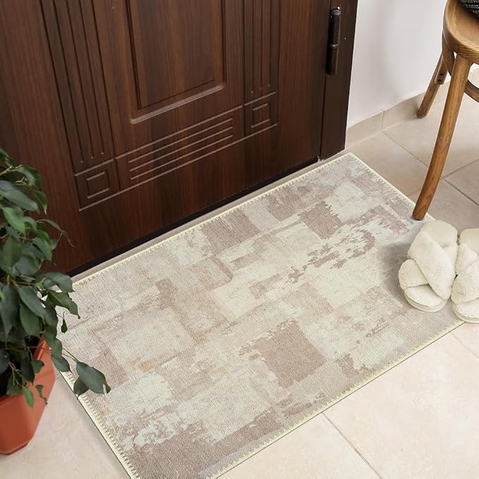GLN Rugs Contemporary Collection - Machine Washable Area Rug, Contemporary Washable, Non Slip, Low Pile Chenille Rug, Living Room, Bedroom, Kitchen Rug (2' x 3' Abstract Tan)