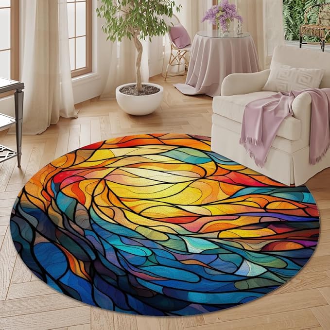 Abstract Colorful Pattern Round Rug Vintage Church Glass Area Rug Washable Soft Non-Slip Floor Carpet Low Pile Accent Rugs for Entryway Living Room Dining Room Bedroom Home Office 4ft